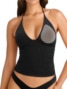 lot 8450 image: SUUKSESS Women Double Lined Halter Tank Top Summer Padded Deep V Neck Going Out Tops Sleeveless Basic Shirts (Black, X-Small)