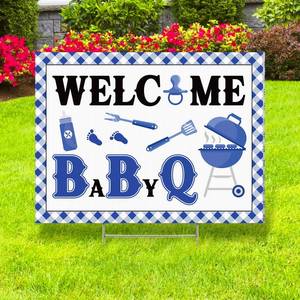 lot 8452 image: Memorywuu Welcome to Baby Q for Boy Baby Shower Yard Sign BBQ Style Gender Reveal Yard Sign with Stakes Garden Supplies Decorations for Boy