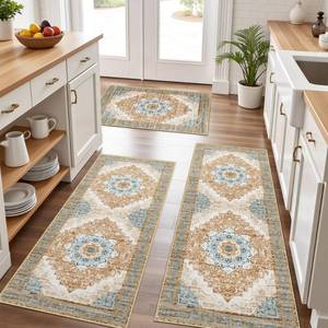 lot 8477 image: Kitchen Rugs Sets of 3 100% Non Slip Washable Kitchen Mats for Floor, Tan
