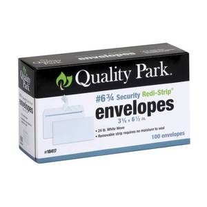 lot 12171 image: Quality Park #6 34 Self-Seal Security Envelopes, Security Tint and Pattern, Redi-Strip Closure, 24-lb White Wove, 3-58 x 6-12, 100Box (QUA10417)