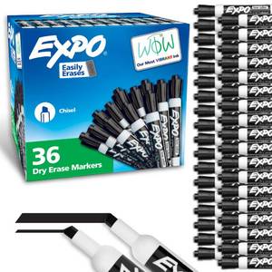 lot 12178 image: EXPO Dry Erase Markers, Low Odor Ink, Black, Chisel Tip, 36 Count - Easily Erases, Ideal for Classroom, Home, Office, Back to School, Teacher Supplies