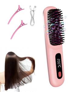 lot 12182 image: Go Brush Pro 2026 for Short Hair, Portable Straightener Brushs for Travel, with LCD Temperature Display, Fast Heating Cordless Mini Hair Brushs (Pink) (Slight Use)