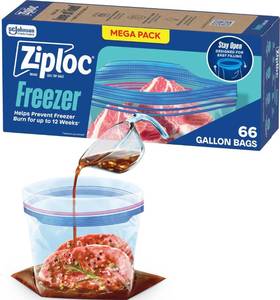 lot 12188 image: Ziploc Gallon Food Storage Freezer Bags, Stand-Up Bottom, Easy to Fill, 66 Count