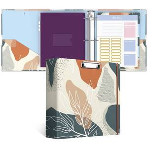 lot 19598 image: ZAXMEY 3 Ring Binder, 3 Inches Round Ring Binder with Clipboard, Dividers Tabs, PVC Zipper Bag Sleeves & to Do List Planners for Women, Men, School, Office Supplies,Boho Leaf