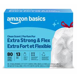 lot 19601 image: Amazon Basics Ultra-Force Tall Kitchen Drawstring Trash Bags, Classic Clean Scented, 13 Gallon, 80 Count, Pack of 1, Packaging May Vary