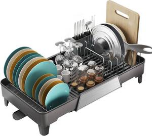 lot 19606 image: FOXHIVE Large Expandable Dish Drying Rack, Dish Racks for Kitchen Counter, Space Saving & Rust Resistant Dish Drainer with Removable Drainboard & Utensil Holder, Adjustable Length 16.4 to 24.4 Inches