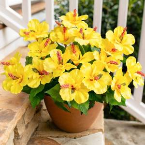 lot 20024 image: HyeFlora Artificial Flowers for Outdoors Faux Plants, 4 Bundles Hibiscus Fake Outdoor Flowers UV Resistant Realistic Tropical Silk Flower for Outside Planter Porch Patio Garden Window Home, Yellow