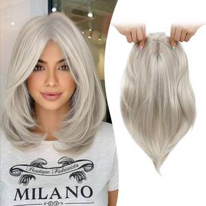 lot 20031 image: Ms Taj 12 Inch Hair Topper for Women with Thinning Hair, 6.5x6.5 Large Base Synthetic Topper with Bangs, Fiber Wiglets Ladies Hair Pieces for Daily Wear, Work, Party-Silver Blonde