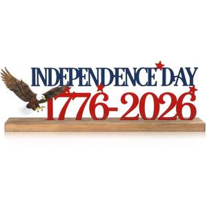 lot 20047 image: MiniInflat 250th Anniversary Decor 4th of July American Metal Sign 1776-2026 Patriotic Eagle Table Decor Red White Blue Centerpiece with Wood Base for Veteran Labor Day Home Office Desk Tiered Tray