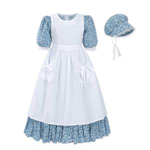 lot 20096 image: Nuoqi Colonial Costume Girls, Pioneer Costume Prairie Dress with Apron 8-9 Blue