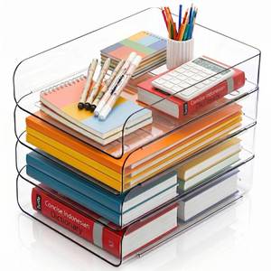 lot 1254 image: CiWiVOKi 4 Trays Paper Organizer Letter Tray, Acrylic Clear PET Desk File Organizer, Stackable Paper Holder Sorter for Desk Accessories, Files, Documents, iPad, Books, A4 Size, No Assembly Required
