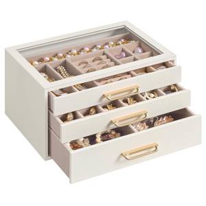 lot 1263 image: SONGMICS 3-Layer Jewelry Box with Glass Window, 3 Drawers, Golden Handles