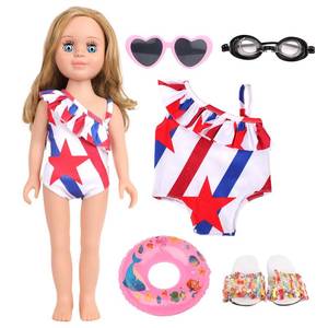lot 2225 image: MSYO 18 Inch Doll Beach Swimsuit Set-Patriotic Stars&Stripes Bathing Suit with Sunglasses,Swim Goggles,Swim Ring&Fringe Slippers,Summer PoolBeach Accessories for 18 Dolls,Kids Pretend Play Gift