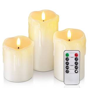 lot 2241 image: Homemory Dripping Wax Flameless LED Pillar Candles, Battery Operated with Remote Control and Timer, Set of 3, 5 H x 4 W x 6 D