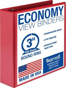 lot 2313 image: Samsill 3 Inch 3 Ring Binder, Economy Round Ring, Clear View Cover, 550 Sheet Capacity - for School, Home, Office - Red