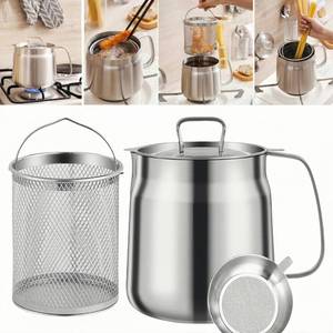 lot 3478 image: 50oz 304 Stainless Steel Deep Fryer Pot with Basket & Strainer, Large Capacity Bacon Grease Container for Kitchen,Frying, Cooking, Camping,Oil Filter Container - Dishwasher Safe (50oz1.5L1.7Qt)