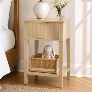 lot 3487 image: RIHHA Natural Oak 15.4 Wide Small Nightstand with Drawer,Open Shelf,Fluted