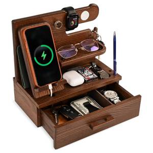 lot 3500 image: TESLYAR Wood Phone Docking Station with Drawer - Nightstand Organizer - Desk Organizer for Husband - Birthday Gifts for Men, Dad, Anniversary Idea, Key Holder Stand Watch & Accessories (Bourbon Brown)