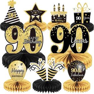 lot 4074 image: 9 Pieces 90th Birthday Decoration 90 th Birthday Centerpieces for Tables Decorations Cheers to 90 Years Honeycomb Table Topper for Men and Women Nighty Years Party Decoration Supplies (90th)