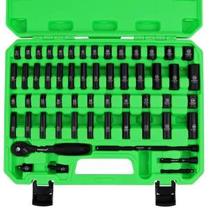 lot 5942 image: SWANLAKE 14 Drive Impact Socket Set, 56-Piece Standard SAE (532 to 916 inch) and Metric (4-15mm) Size, 6 Point, Cr-V, 14-Inch Drive Ratchet Handle, Drive Extension Bar, Impact Universal Joint used incomplete
