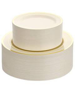 lot 5947 image: Goodluck 200 PCS Ivory and Gold Plastic Plates Heavy Duty Disposable
