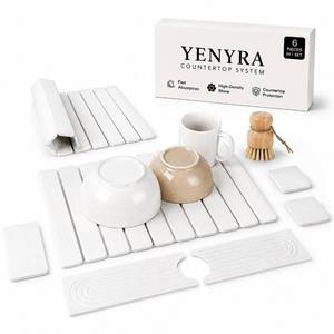 lot 5951 image: 6-Pack Large Stone Dish Drying Mat for Kitchen Counter 23x15 - Quick-Dry Absorbent Diatomaceous Earth Mat Set - Stone Faucet Mat 4x23  3 Stone Trays 4x8, 4x4 Bamboo Palm Brush (White)