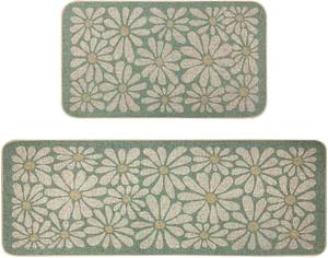 lot 6432 image: SHIYUE Cyan Kitchen Mat Set of 2, Boho Flower Kitchen Rugs Farmhouse Modern, Non Skid Washable Rubber Runner Rugs, Kitchen Decor Accessories��17x47in17x30in��