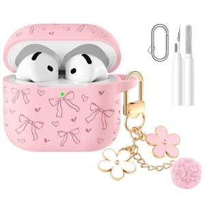 lot 6443 image: Dgege for AirPods 4 Case, Engraved Butterfly & Heart Silicone Protective Cover with Flower Charm Keychain, Carabiner and Cleaning Kit, Cute Case for Women Girls-Lightpink