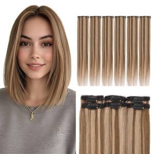lot 6449 image: Elailite Short Clip in Hair Extensions Real Human Hair 6PCS Lace Weft Remy Hairpieces for Women Adding Volume 10 Inch Medium Brown & Dark Blonde