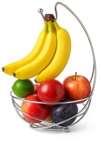 lot 6451 image: BNYD Chrome Fruit Bowl with Banana Holder �� 14 Countertop Wire Basket with Banana Hook, Modern Fruit Basket with Banana Tree Hanger for Kitchen Table or Island Storage