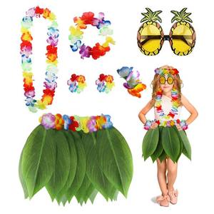 lot 8386 image: PHOGARY 7 Pack Hawaiian Flower Leaf Hula Skirt Costume Accessory Kit for Hawaii Luau Party - Dancing Hula with Hawaiian Lei, Hibiscus Hair Clip, Pineapple Sunglasses for Boys Girls