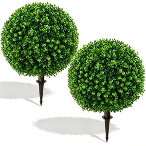lot 11506 image: Bloyapix Artificial Green Eucalyptus Topiary Ball Tree, Set of 2 Fake Boxwood Bushes with Ground Spike, UV Resistant Faux Evergreen Shrubs for Front Porch Planters Outdoor Garden Decor