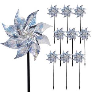 lot 12391 image: Hausse 10 Pack Reflective Pinwheels with Stakes (Assembly Required), Extra Sparkly Pin Wheel for Garden Decor, Bird Repellent Devices Deterrent to Scare Birds Away from Yard Patio Farm