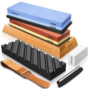lot 12402 image: Intelitopia Complete Knife Sharpening Stone Set �� Dual Grit Whetstone 4001000 30008000 Knife Sharpener with Leather Strop, Flattening Stone, Bamboo Base, 3 Non-slip Rubber Bases & Angle Guide