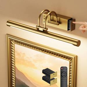 lot 19675 image: Battery Operated Picture Light with Remote, 15.7�� Wireless Wall Light for Artwork & Frames, Rechargeable LED Gallery Lamp, Dimmable with Timer, Adjustable Metal Design, Electroplated Gold Finish
