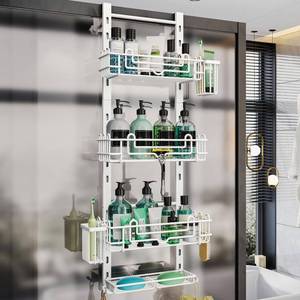 lot 19691 image: HapiRm 4 Tier Over the Door Shower Caddy, Hanging Shower Caddy with 22 Hooks and 2 Toothbrush Holders, No Drilling Adjustable Hanging Bathroom Organizer - White