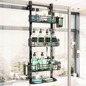 lot 19692 image: HapiRm Over the Door Shower Caddy - 4-Tier Hanging Shower Organizer with 22 Hooks and 2 Toothbrush Holders, No Drilling Adjustable Hanging Shelves for Bathroom - Black