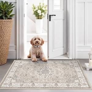 lot 20270 image: Washable 2x3 Entryway Area Rug - Neutral Kitchen Rug Runner Vintage Soft Floor Mat Non Slip Indoor Farmhouse Carpet for Bathroom Living Room Bedroom (2 X 3, Beige)
