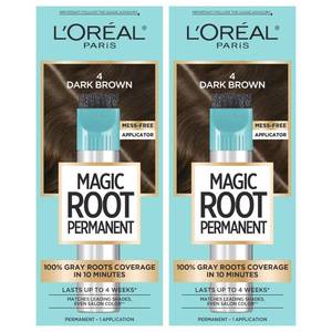 lot 20272 image: LOreal Paris Magic Root Permanent Hair Color Kit, 100% Gray Hair Coverage In Just 10 Minutes, Precision Brush Applicator for Seamless Application, 4 Dark Brown (2 Count)