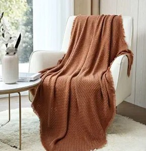 lot 20315 image: Woven Throw Blanket with Fringe Trim Terracotta