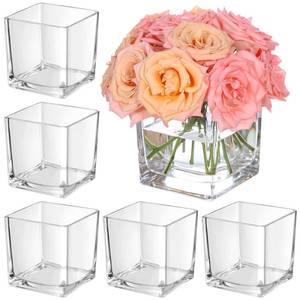 lot 1306 image: KEYWING 6 Pack Clear Square Glass Flower Vases for Centerpieces, 5x5x5