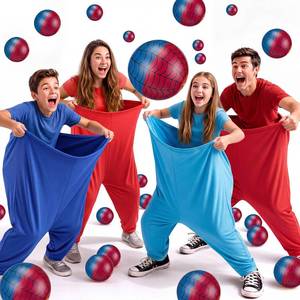lot 1308 image: JolliLudo 26 Pcs Spider Granny Pants Outdoor Game Set, 4 Giant Pants with 20 Bouncy Balls & 2 Pumps Yard Funny Toss Relay Backyard Game for Adults Family Beach Party Favor(Red Blue)