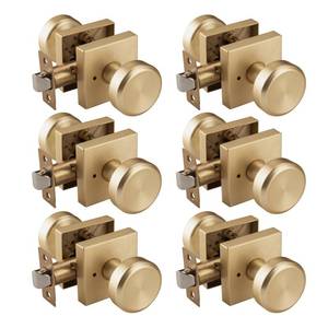 lot 1322 image: STARPY 6 Pack Satin Brass Door Knob with Square Rosette, Heavy Duty Door Knob with Lock, Interior Door Handles for Bath & Bed