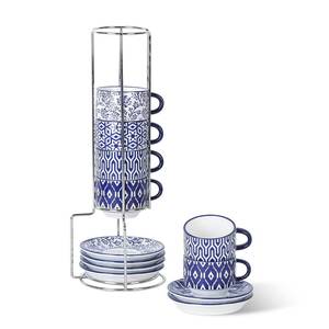 lot 1324 image: Selamica Ceramic Espresso Cups with Saucers, 2.5 OZ Stackable Demitasse Cups with Metal Stand, Mini Espresso Mugs for Latte Coffee Caf� Mocha Tea, Set of 6, Vintage Blue