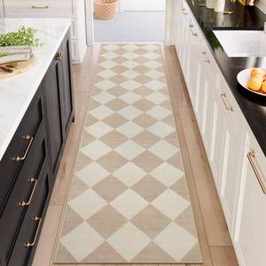 lot 1339 image: Beeiva Checkered Print Long Hallway Runner Rug Non Slip, Beige Ultra Thin 2.5x10 Washable Runner Rug, Moroccan Trellis Home Decor Faux Wool Neutral Carpet for Bathroom Kitchen Hallways, 10ft
