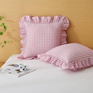 lot 2351 image: Silnuo 2 Pack Vintage Pink Gingham Ruffle Throw Pillow Covers 24x24