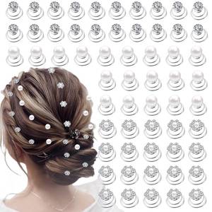 lot 2384 image: 60 PCS 3 Shapes Gems Rhinestone Twister Hair Studs Set Diamond Spiral Pearl Flower Jewels Hair Pins Sticks for Wedding, Bridal, Prom, Party and Special Occasion (Diamond&Pearl&Flower)