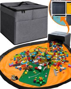 lot 2402 image: XL Toy Storage Organizer with Play Mat - Storage BagBox for Kids, Boys, Girls, Nursery, Playroom - Basket for Building BricksBlocks - Collapsible Fabric Cube Bin, 13x13x15