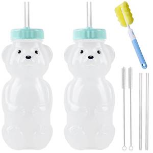 lot 2441 image: Honey Bear Straw Cups, Juice Bear Bottle Drinking Cup Long Straws with 4 Flexible Straws & Cleaning Tools, 8-Ounce Therapy Sippy Bottles for Speech and Feeding Training, Food-Grade & BPA Free 2 Pack