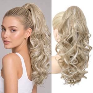 lot 2448 image: REECHO Ponytail Extension, 18 Clip in Ponytail Hair Extensions for Women, Short Wavy Synthetic Pony Tail Hairpiece for Daily Wear Cheer Dance, Ash Blonde with Highlights